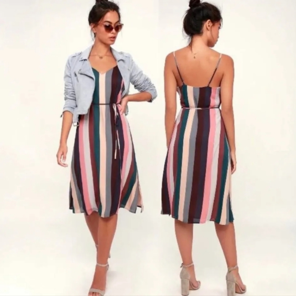 Lulu's Erina Multi Stripe Midi Slip Dress Size S